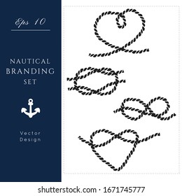 Nautical icons and frames set.Rope texture vector.Sea and ocean symbols bundle, black isolated elements.Template for logo or branding.Sailor 
cruise, yacht club, business identity, menu, card design.
