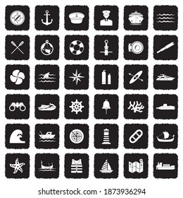 Nautical Icons. Grunge Black Flat Design. Vector Illustration.
