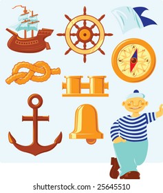 Nautical icons and lucky seaman. Vector illustration.