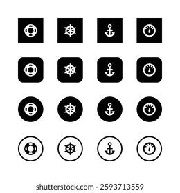 Nautical icons, maritime symbols, minimalist design, black and white, life preserver, ship's wheel, anchor, pressure gauge, vector graphics, app icons, user interface elements, simple shapes, clean.