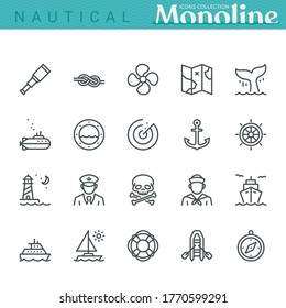 Nautical Icons,  Monoline concept.
The icons were created on a 48x48 pixel aligned, perfect grid providing a clean and crisp appearance. Adjustable stroke weight. 