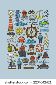 Nautical icons of navigator, ship and captain, lighthouse and sailor. Art vertical background. Outline style for your design