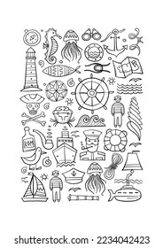 Nautical icons of navigator, ship and captain, lighthouse and sailor. Art background. Colouring style for your design