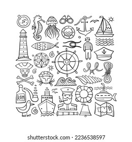 Nautical icons of navigator, ship and captain, lighthouse and sailor. Art background. Colouring style for your design
