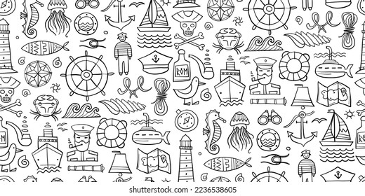 Nautical icons of navigator, ship and captain, lighthouse and sailor. Seamless pattern background for your design