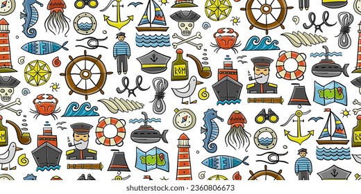 Nautical icons of navigator, ship and captain, lighthouse and sailor. Seamless pattern background for your design