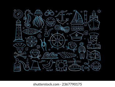 Nautical icons of navigator, ship and captain, lighthouse and sailor. Art background horizontal. Outline style for your design. Vector illustration