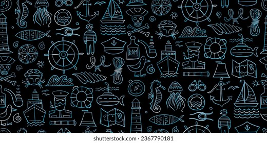Nautical icons of navigator, ship and captain, lighthouse and sailor. Seamless pattern background for your design