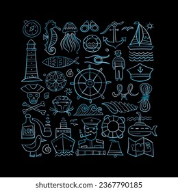 Nautical icons of navigator, ship and captain, lighthouse and sailor. Art background. Outline style for your design. Vector illustration