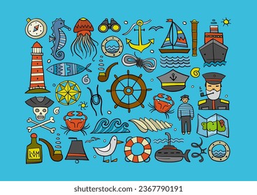 Nautical icons of navigator, ship and captain, lighthouse and sailor. Art background horizontal. Outline style for your design. Vector illustration