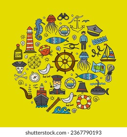 Nautical icons of navigator, ship and captain, lighthouse and sailor. Art background circle frame. Outline style for your design. Vector illustration