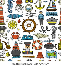 Nautical icons of navigator, ship and captain, lighthouse and sailor. Seamless pattern background for your design