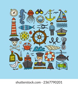 Nautical icons of navigator, ship and captain, lighthouse and sailor. Art background. Outline style for your design. Vector illustration