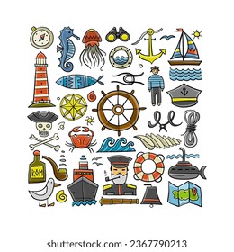 Nautical icons of navigator, ship and captain, lighthouse and sailor. Art background. Outline style for your design. Vector illustration