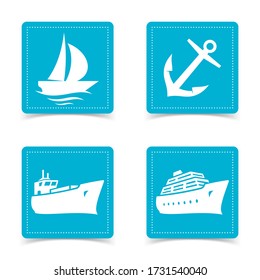 Nautical icons on square buttons. Vector illustration