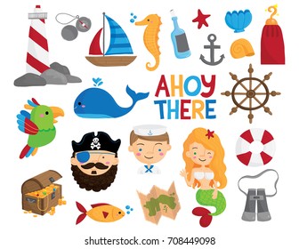 Nautical icons - pirate, sailor, mermaid, treasure, whale, lighthouse, fish, map, seahorse, sailboat, buoy, ahoy there, wheel, binoculars, shell, starfish, anchor, parrot vector set