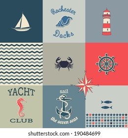 Nautical Icons Poster - Poster with maritime symbols and icons, including ship wheel, anchor, lighthouse, fish and seahorse