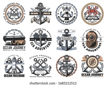 Nautical icons of sea travel and ocean adventure vector design. Ship anchor, rope and chain, marine sail boat, compasses and diving helmet, lighthouse, sailor sword and naval cannon heraldic badges