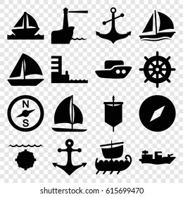 Nautical icons set. set of 16 nautical filled icons such as boat, helm, sailboat, anchor, harbor, lighthouse, sail, water military
