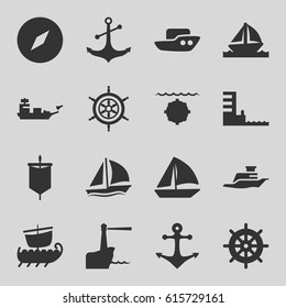 Nautical icons set. set of 16 nautical filled icons such as boat, helm, sailboat, anchor, ship, harbor, lighthouse, sail, water military