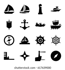 Nautical icons set. set of 16 nautical filled icons such as lighthouse, helm, sailboat, ship, boat, harbor, anchor, compass, sail