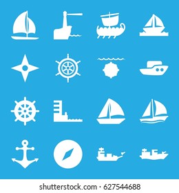 Nautical icons set. set of 16 nautical filled icons such as boat, helm, sailboat, harbor, anchor, lighthouse, compass