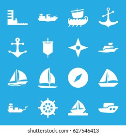 Nautical icons set. set of 16 nautical filled icons such as boat, helm, sailboat, anchor, ship, harbor, compass, sail