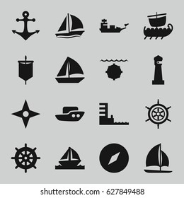 Nautical icons set. set of 16 nautical filled icons such as lighthouse, boat, helm, sailboat, harbor, anchor, compass, sail
