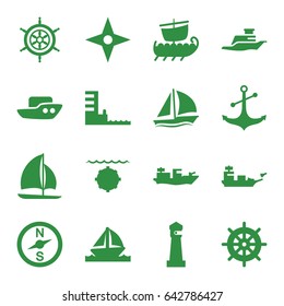 Nautical icons set. set of 16 nautical filled icons such as lighthouse, boat, helm, anchor, ship, harbor, sailboat, compass