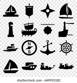 Nautical icons set. set of 16 nautical filled icons such as lighthouse, boat, sailboat, anchor, ship, helm, compass, sail