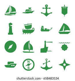 Nautical icons set. set of 16 nautical filled icons such as lighthouse, boat, sailboat, anchor, ship, compass, sail