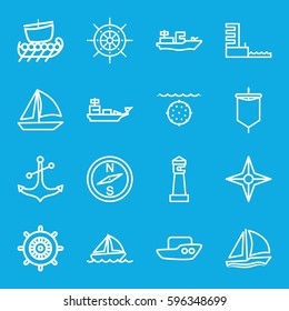 nautical icons set. Set of 16 nautical outline icons such as lighthouse, boat, helm, anchor, harbor, sailboat, compass, sail