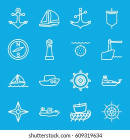 Nautical icons set. set of 16 nautical outline icons such as lighthouse, boat, helm, anchor, sailboat, compass, sail