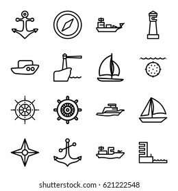 Nautical icons set. set of 16 nautical outline icons such as lighthouse, boat, helm, anchor, ship, harbor, compass, water military