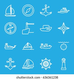 Nautical icons set. set of 16 nautical outline icons such as lighthouse, boat, helm, anchor, ship, sailboat, compass
