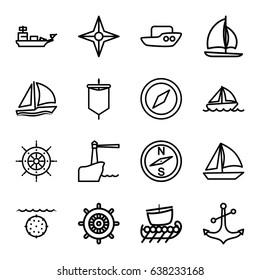 Nautical icons set. set of 16 nautical outline icons such as boat, helm, anchor, sailboat, lighthouse, compass, sail