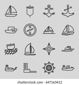 Nautical icons set. set of 16 nautical outline icons such as boat, helm, anchor, ship, harbor, sailboat, compass, sail