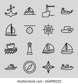 Nautical icons set. set of 16 nautical outline icons such as lighthouse, boat, anchor, ship, helm, sailboat, compass