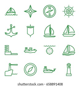 Nautical icons set. set of 16 nautical outline icons such as lighthouse, anchor, boat, harbor, helm, sailboat, compass, sail