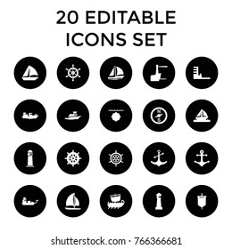 Nautical icons. set of 20 editable filled nautical icons such as lighthouse, helm, sailboat, compass, anchor, ship, boat, harbor, sail
