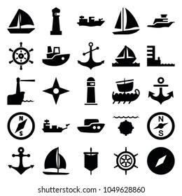 Nautical icons. set of 25 editable filled nautical icons such as lighthouse, boat, compass, sailboat, anchor, ship, harbor, helm, sail