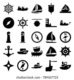 Nautical icons. set of 25 editable filled nautical icons such as lighthouse, boat, helm, compass, sailboat, ship, harbor, anchor, sail