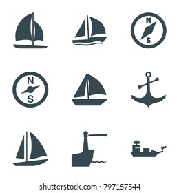 Nautical icons. set of 9 editable filled nautical icons such as sailboat, compass, anchor, lighthouse