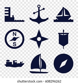 Nautical icons set. set of 9 nautical filled icons such as anchor, boat, harbor, sailboat, compass, sail