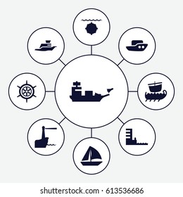 Nautical icons set. set of 9 nautical filled icons such as boat, sailboat, ship, harbor, helm, lighthouse