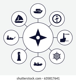 Nautical icons set. set of 9 nautical filled icons such as lighthouse, boat, sailboat, helm, compass