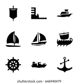 Nautical icons set. set of 9 nautical filled icons such as helm, anchor, ship, harbor, sailboat, sail