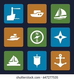 Nautical icons set. set of 9 nautical filled icons such as boat, ship, anchor, sailboat, lighthouse, compass