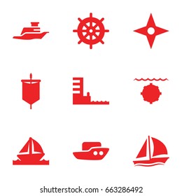 Nautical icons set. set of 9 nautical filled icons such as boat, helm, ship, harbor, sailboat, compass, sail