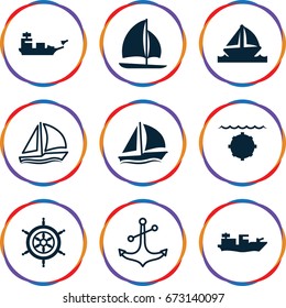 Nautical icons set. set of 9 nautical filled and outline icons such as boat, sailboat, helm, water military